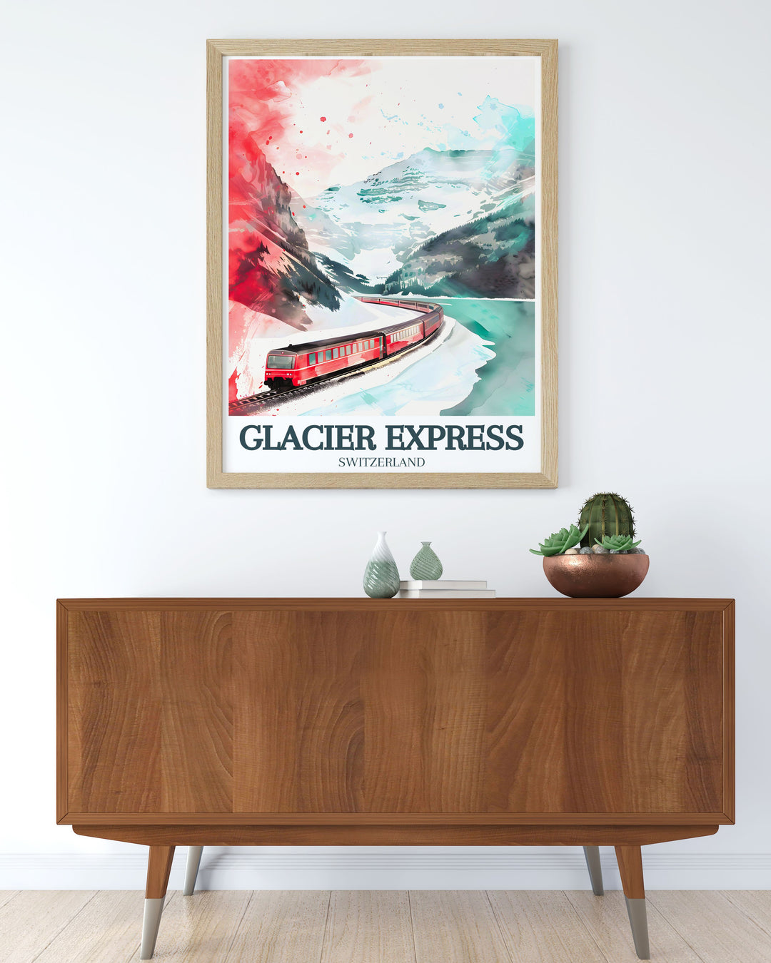 Enhance your collection of travel posters with our Glacier Express train Oberalp Pass print featuring the iconic Swiss Alps train and the picturesque Oberalp Pass