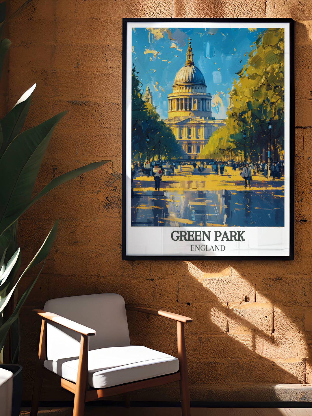 Elegant Green Park painting with Constitution Hill prominently featured capturing the serene atmosphere and historical significance of this London landmark ideal for wall art enthusiasts and travel print collectors.