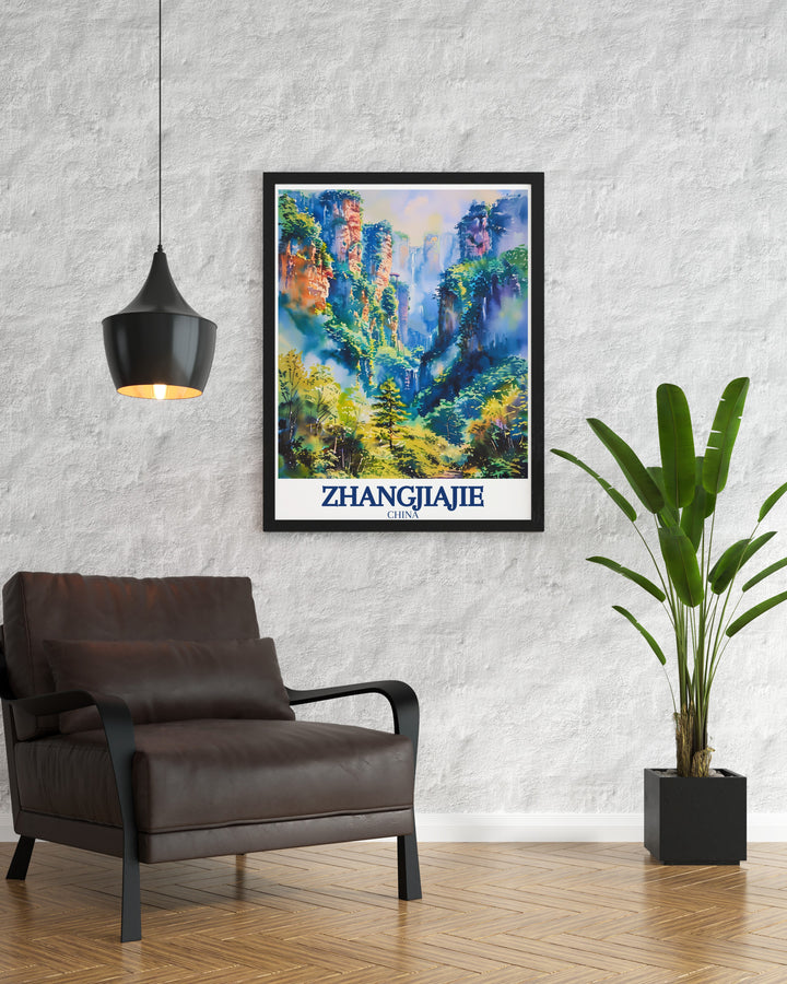 Tianzi Mountains towering peaks and mist filled valleys are showcased in this beautiful travel poster. Ideal for home or office, this artwork captures the serene majesty of Zhangjiajie, making it a perfect gift for travelers or those who appreciate unique landscapes.