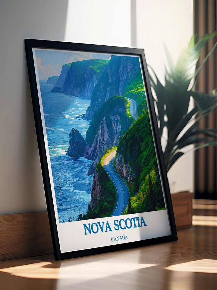 Detailed Cabot Trail print that beautifully represents the stunning vistas of Nova Scotia. A perfect choice for enhancing your home decor and a memorable gift for lovers of Canadian landscapes.