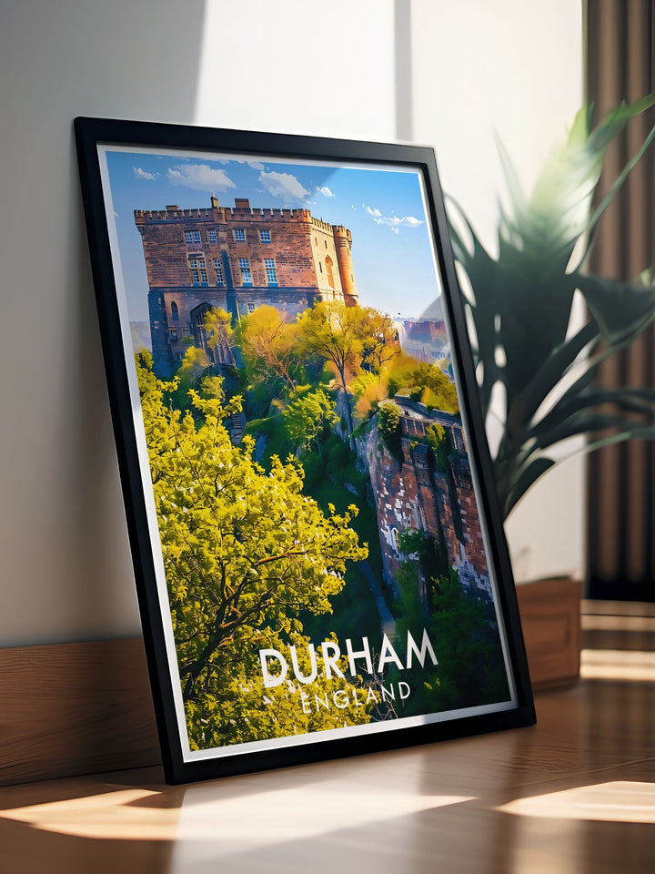 The majestic Durham Castle and its scenic river views are beautifully illustrated in this poster, celebrating the historical and natural beauty of Durham.