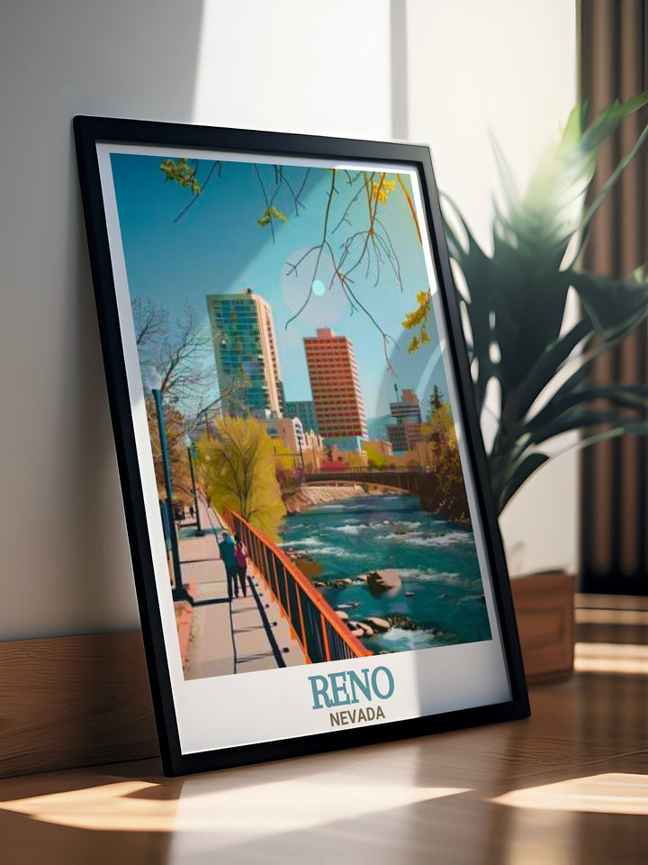 This Reno travel poster features the Truckee Riverwalk and offers a perfect depiction of the scenic views along the river. The print brings the beauty of nature and the vibrancy of the city into your home, ideal for anyone who enjoys outdoor activities.