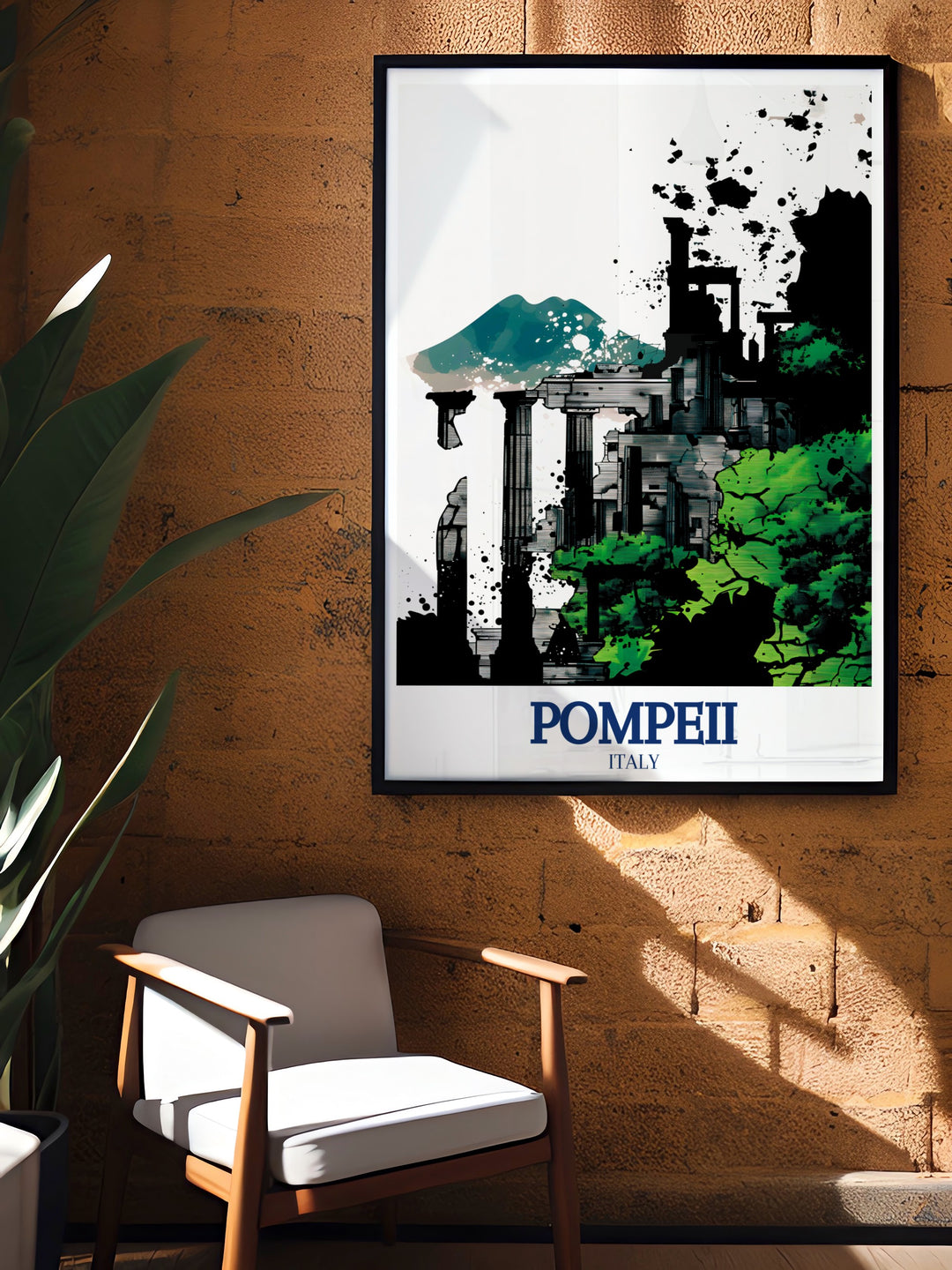 Pompeii vintage poster featuring the Temple of Apollo and Mount Vesuvius, highlighting the beauty and history of this ancient city. This custom print adds a timeless touch to your wall décor, perfect for anyone who loves Italian history and classical art.