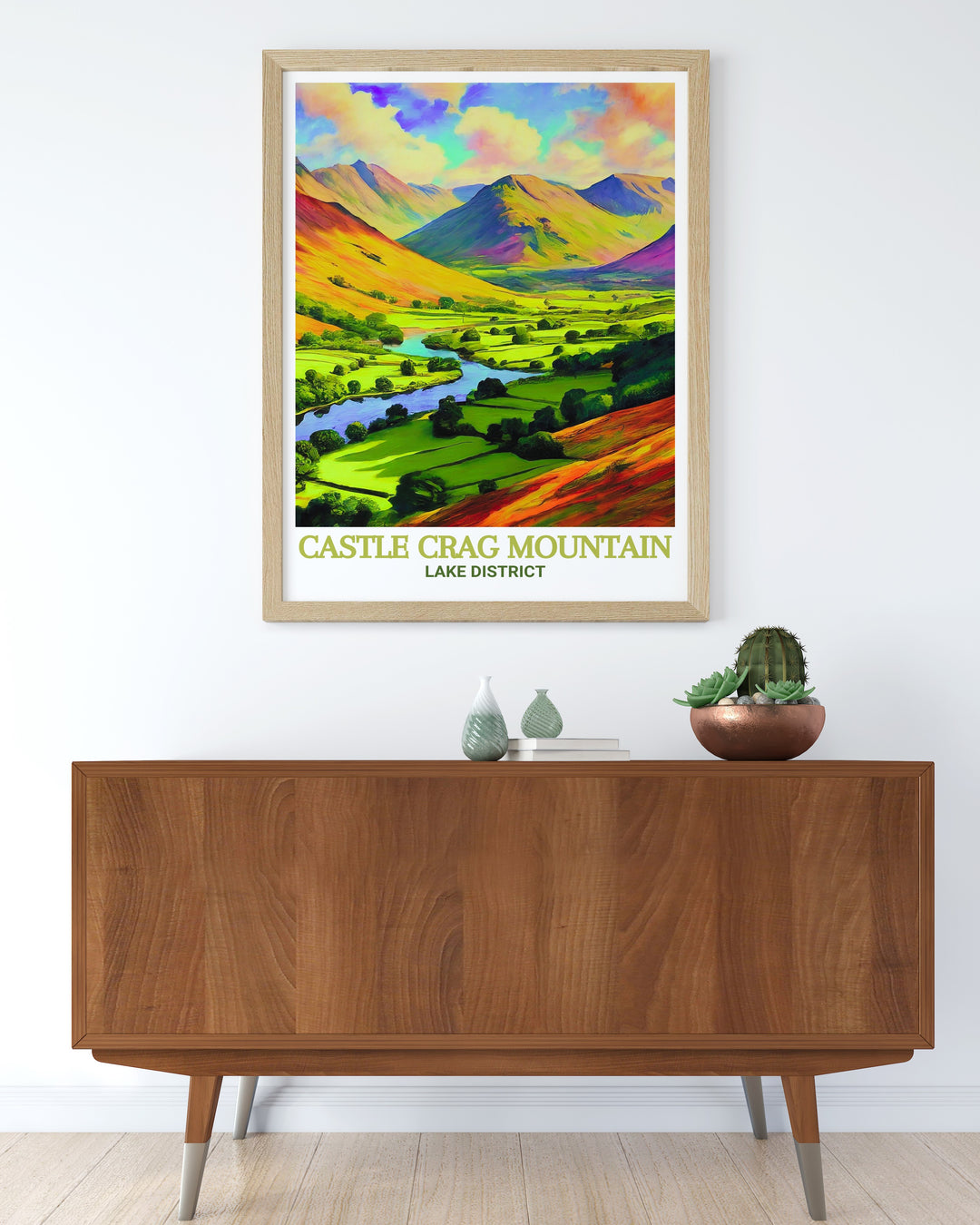 Castle Crag Mountain poster print showcases the iconic Lake District peak in Keswick, surrounded by the stunning beauty of Borrowdale Valley, ideal for nature lovers and outdoor enthusiasts.