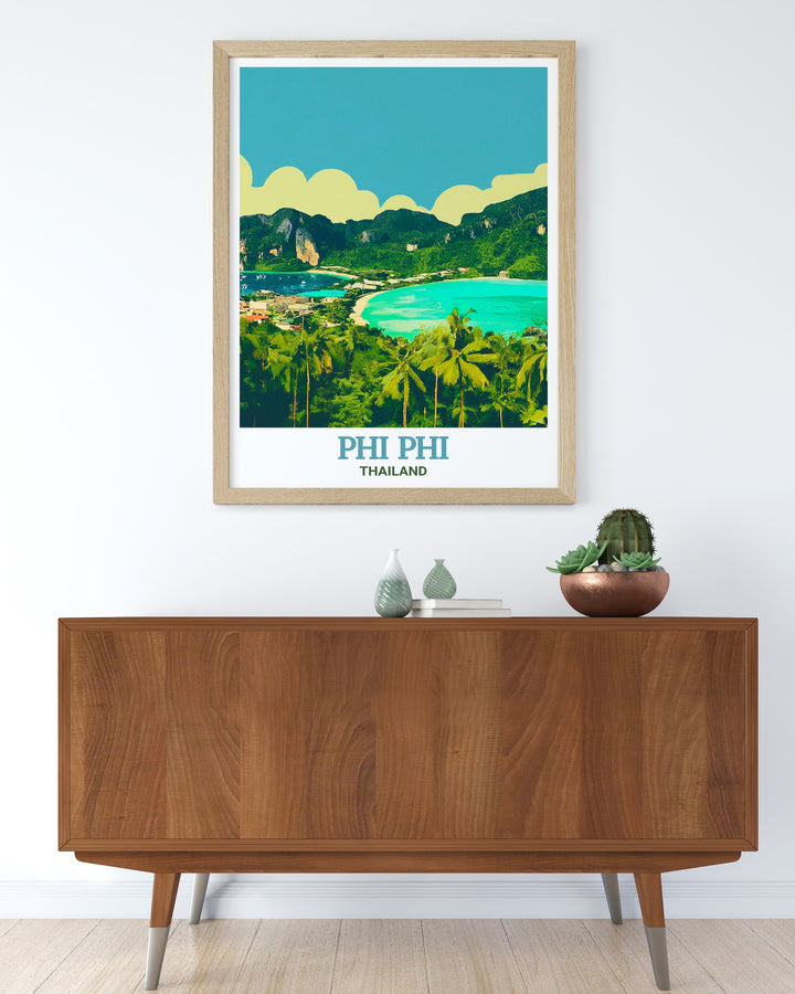 Thailand canvas art depicting the stunning landscape of the Phi Phi Islands as seen from the viewpoint, highlighting the contrast between the vibrant blues of the sea and the lush greens of the surrounding nature. This travel poster is a perfect addition to any home, ideal for those who love Thailands scenic beauty.