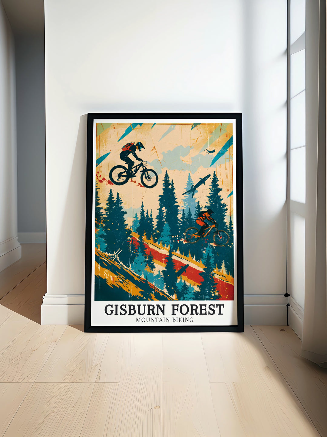 Vibrant Mountain Bike Print featuring Red Route Hully Gully MTB trail showcasing the beauty of Gisburn Forest perfect for cyclists and adventure lovers looking to bring the thrill of mountain biking into their home decor