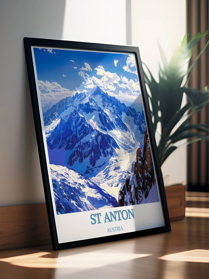 Valluga Mountain Stunning Prints paired with a St Anton Ski Print offer a fresh take on traditional ski art. Perfect for framing these prints bring the rugged beauty of the Alps into your home with style and sophistication.