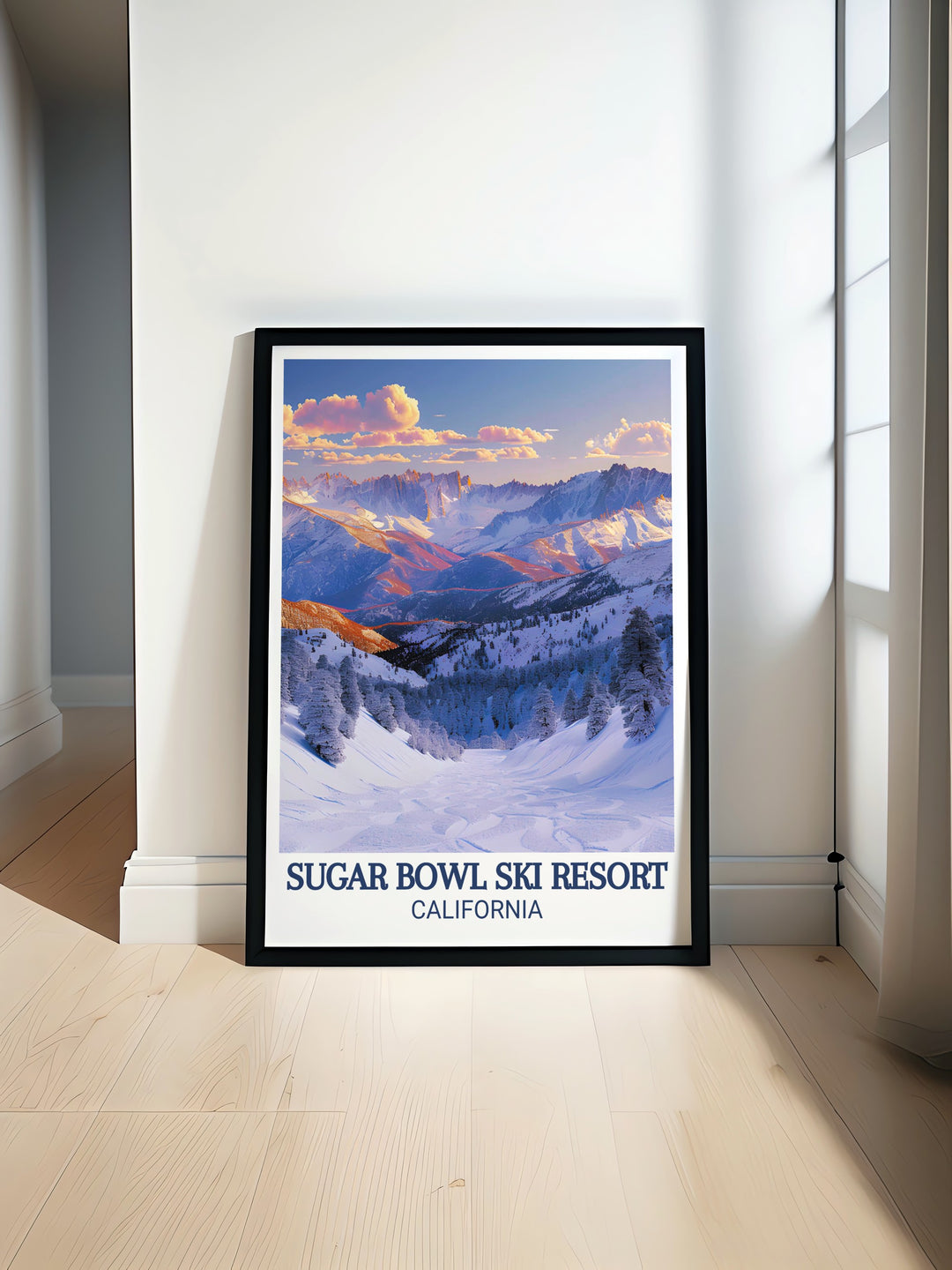 Sierra Nevada mountains showcase their winter beauty with a stunning Sugar Bowl Ski Print perfect for those who love skiing and snowboarding at Lake Tahoe