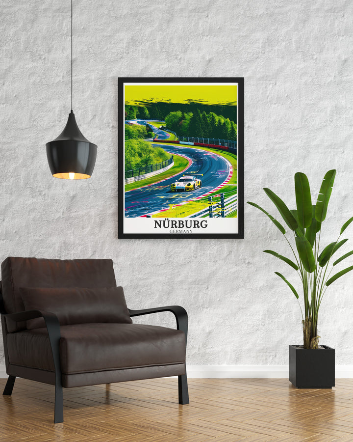 The Nürburg poster print captures the beauty of the small town in Germany known for its proximity to the Nürburgring circuit, with a backdrop of Ahrweilers rolling hills. Ideal for motorsport enthusiasts, this Germany travel art brings history and racing to life.