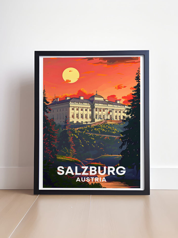 Discover the beauty of Mirabel Palace in Salzburg with this vintage travel print. Ideal for home decor, it features Zauchensee skiing. Perfect for those who love Austrian history and the thrill of the slopes. A great addition to any wall art collection.