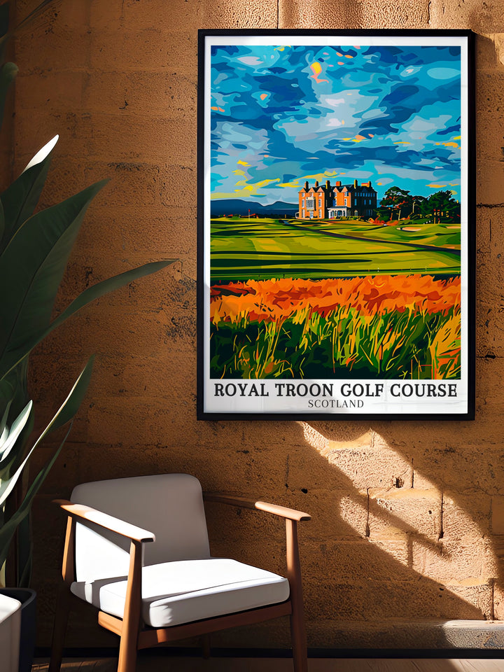 Elegant golf course print of Royal Troon with Marine Troon and Ayrshire coastline the perfect wall decor for golf lovers featuring the natural beauty of the Scottish Highlands and iconic golf clubs like Augusta National and Royal Dornoch a great gift for golfers