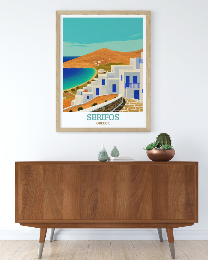 This artwork features a stunning view of Livadi, Serifos, Greece, showcasing the calm waters of the Aegean Sea against the backdrop of the rugged hills. Perfect for adding a touch of Greek island serenity to your home decor.