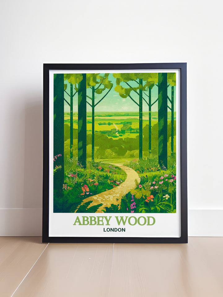 Framed print of Abbey Wood London highlighting the ancient ruins of Lesnes Abbey and the natural beauty of Bostall Wood a stunning addition to your collection of London park posters and vintage travel prints ideal for elegant home decor