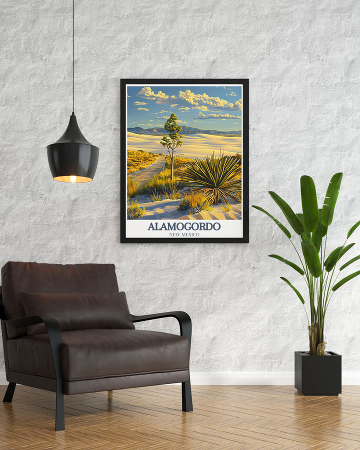 Alamogordo poster showcasing White Sands National Park and Tularosa Basin perfect for anyone who loves New Mexico travel this stunning art print will elevate your home decor and serve as a great gift for those who appreciate the beauty of the Southwest.