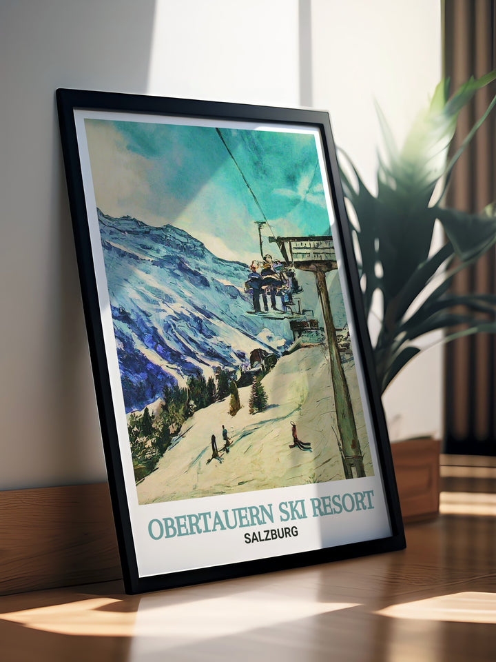 This Obertauern travel print beautifully showcases the resorts Edelweissbahn Chairlift against the Radstädter Tauern backdrop. Perfect for decorating your home with vintage inspired ski art, capturing the magic of the Austrian Alps.