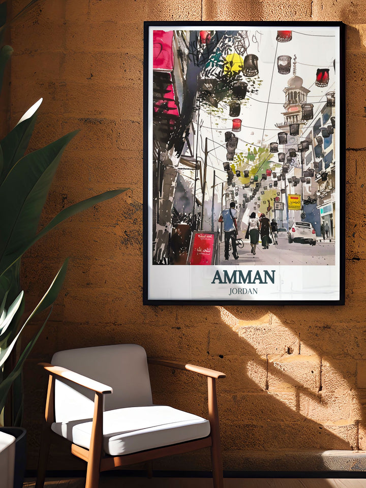 Elegant Amman Poster Print highlighting Rainbow Street King Abdullah Mosque a perfect addition to your travel poster collection and a great choice for birthday or anniversary gifts