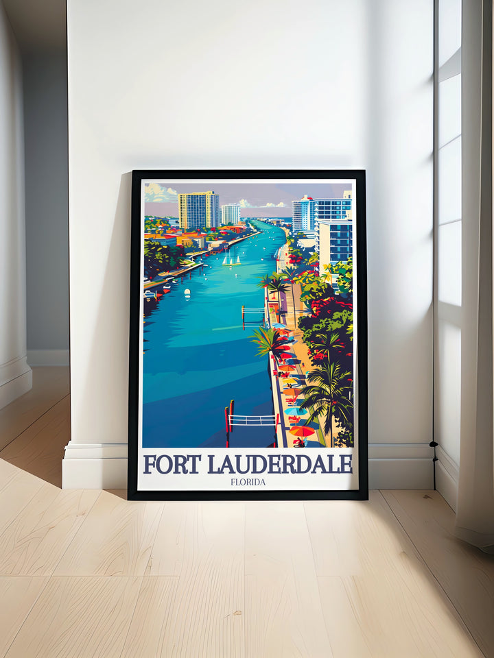 Fort Lauderdale Poster Print showcasing the iconic beach and the picturesque Intracoastal Waterway, perfect for capturing the essence of this Florida destination. Ideal for home decor or as a travel memento.