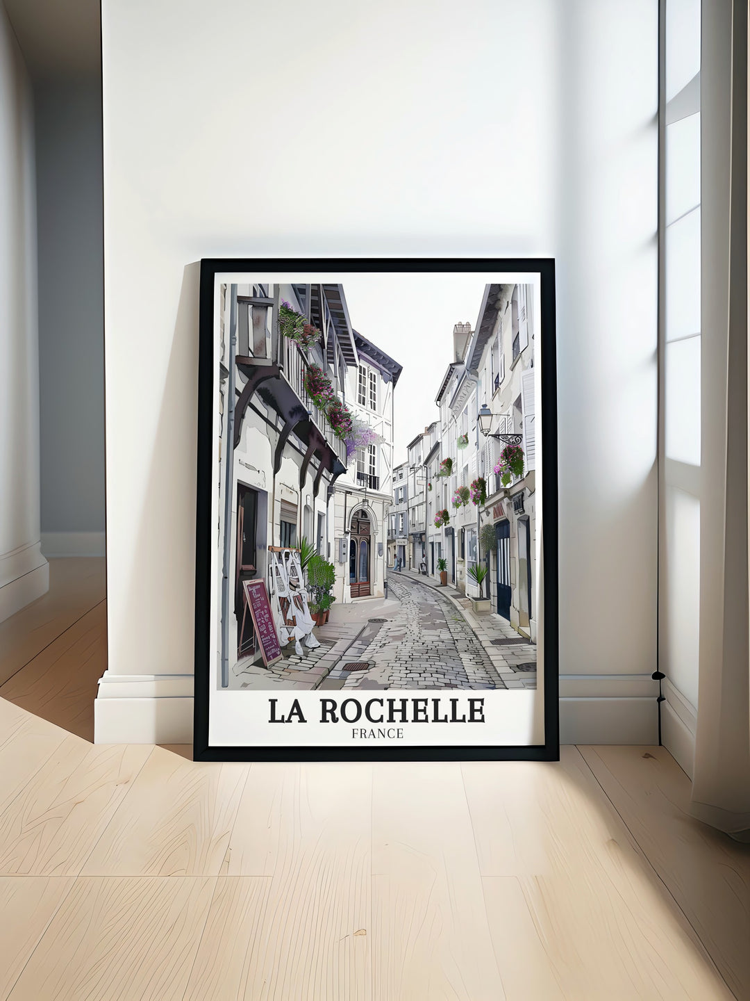 High quality La Rochelle travel print capturing the charm of the Old Town and the vibrant life of Centre Ville. The artwork beautifully depicts the historic architecture and lively atmosphere of this French coastal city, perfect for any France wall art collection