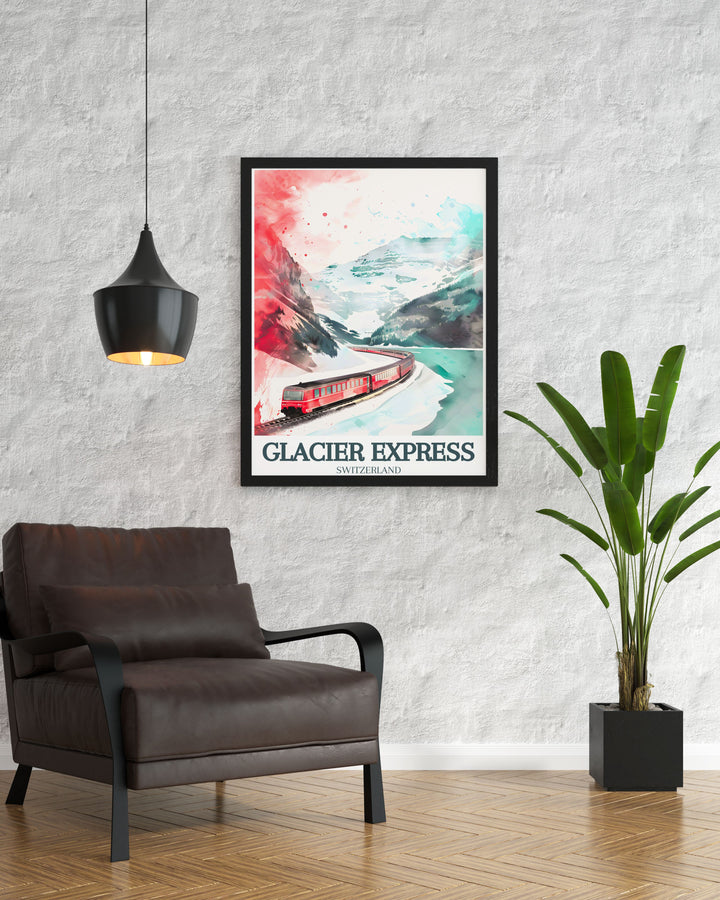 Add a touch of elegance to your home with our Glacier Express train Oberalp Pass print a perfect piece of modern art that captures the serene beauty of Switzerland and its famous alpine railroad