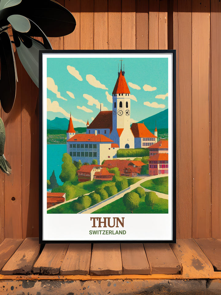 Vintage style poster of Thun Castle, illustrating the medieval architecture and scenic landscape of Switzerland. Perfect for those who love history and travel, this poster brings the essence of Thun into your home.