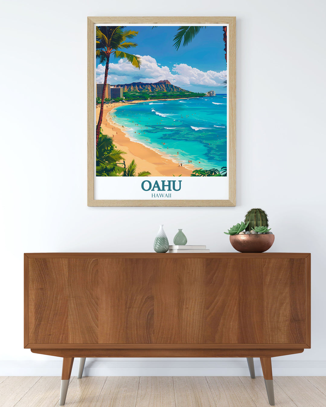 Bring the essence of Hawaii into your home with this Oahu wall art featuring Waikiki Beach and Diamond Head Crater a perfect addition to your travel themed decor.
