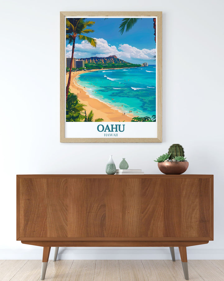 Bring the essence of Hawaii into your home with this Oahu wall art featuring Waikiki Beach and Diamond Head Crater a perfect addition to your travel themed decor.