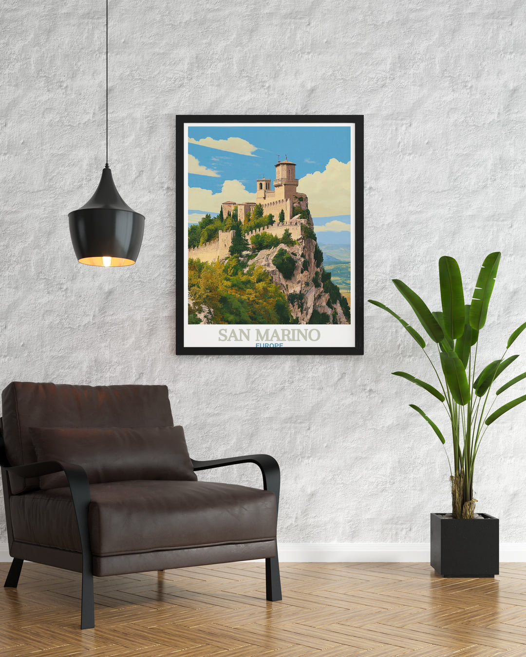 A detailed San Marino travel poster featuring the historic Guaita Tower, one of the oldest and most iconic fortresses in Europe. The poster showcases the towers medieval charm and the rugged landscape of San Marino, making it a perfect addition to any home decor or travel gift collection.