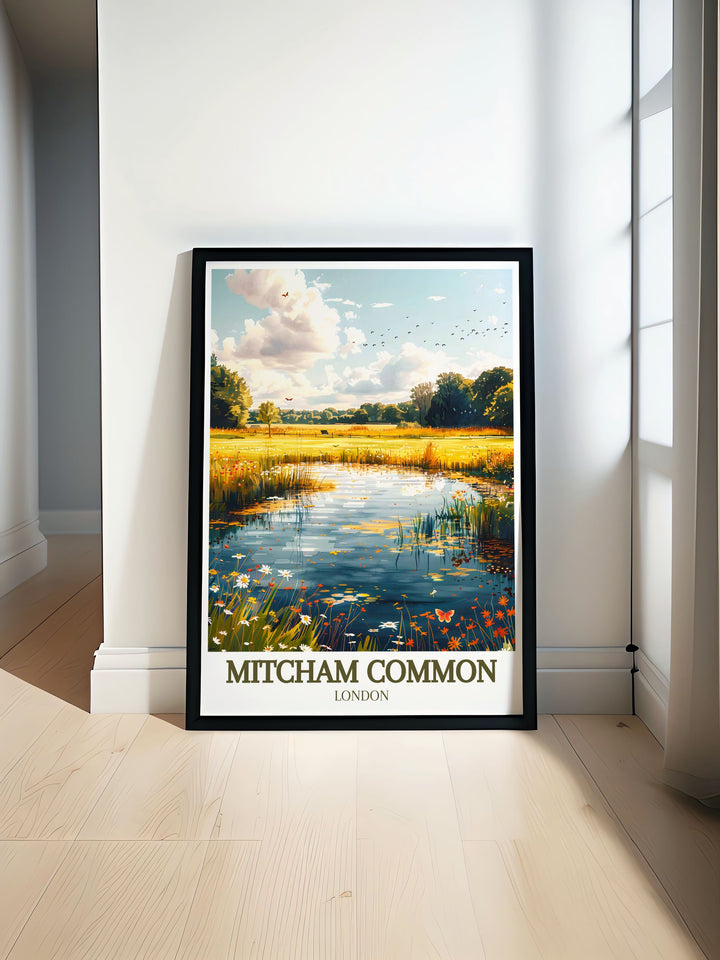 Mitcham common pond modern prints showcase the serene beauty of this South London oasis perfect for adding a touch of nature to your home decor these prints highlight the tranquility of Mitcham common making them ideal for living room or bedroom wall art