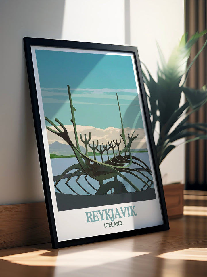 Reykjavik travel print bringing the Sun Voyager to life, with its elegant curves and inspiring story of exploration. This wall poster is perfect for those who dream of visiting Iceland or have a love for modern art.