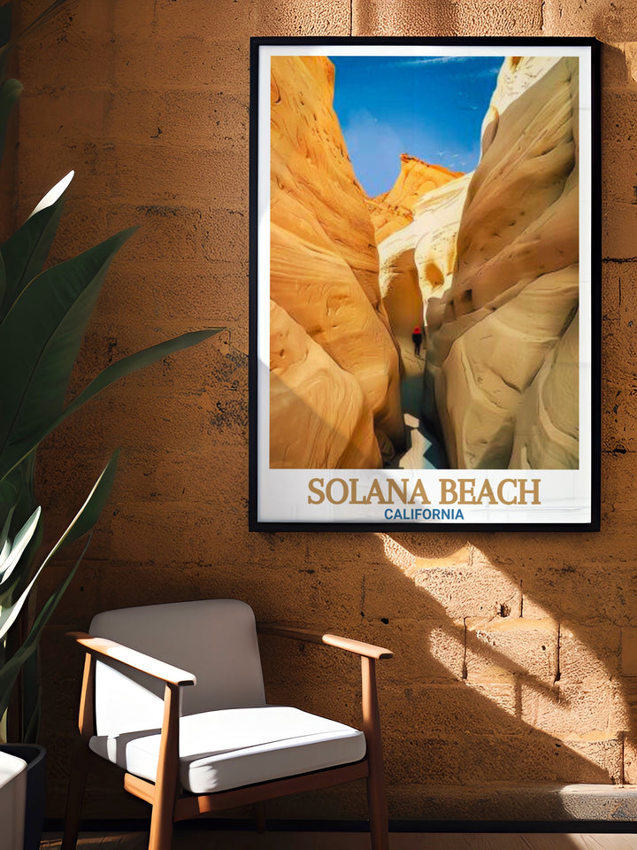 A detailed illustration of Solana Beach, California, featuring the iconic Annies Canyon Trail. This travel poster captures the essence of the beach and its surrounding landscape, making it ideal for anyone looking to bring the beauty of the coast into their home decor.