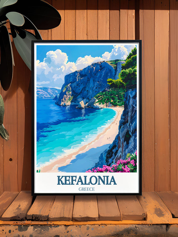 Celebrate the Greek island of Kefalonia with this vibrant poster, featuring Myrtos Beach and the imposing Agia Dynati Mountain. The artworks fine details and vivid colors make it an excellent addition to any Mediterranean inspired home décor or travel collection.