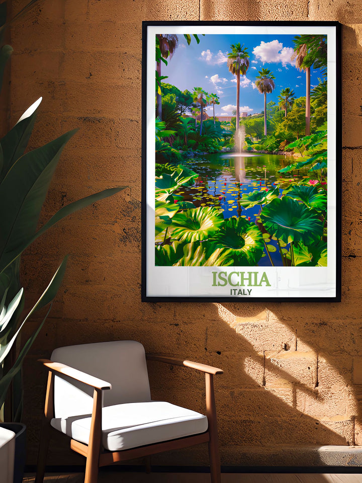 Ischia travel print featuring La Mortella Gardens in Italy, bringing the tropical beauty and peaceful atmosphere of this renowned garden into your home. This fine line art is perfect as a gift or for adding a vibrant touch to your interior décor.