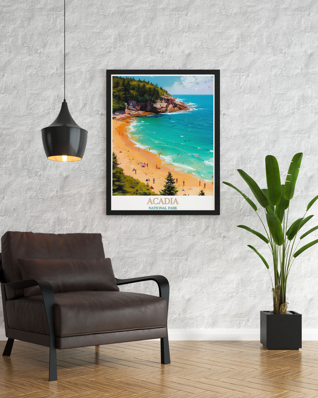 Beautifully detailed Sand Beach artwork from Acadia National Park ideal for adding a unique and elegant touch to your home or office decor perfect gift for nature lovers and fans of vintage travel posters.