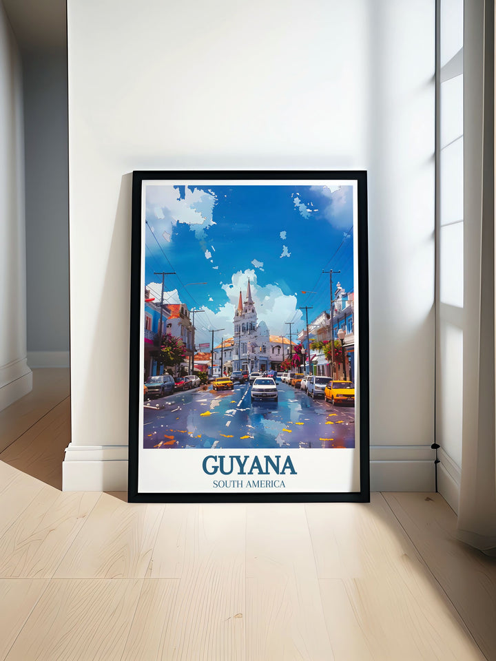This detailed illustration of Georgetown features the bustling markets and serene parks, highlighting the citys rich cultural heritage and making it a captivating piece for your decor.