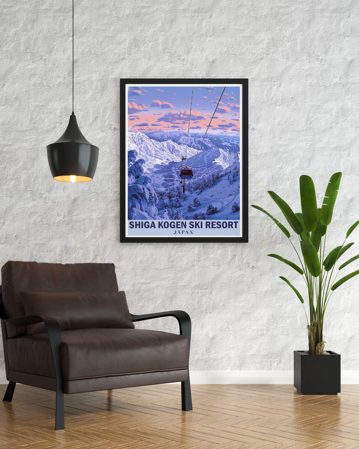 This poster of Shiga Kogen Ski Resort and the Japanese Alps captures the serene and exhilarating atmosphere of Japans largest ski resort, inviting viewers to imagine their next alpine adventure.