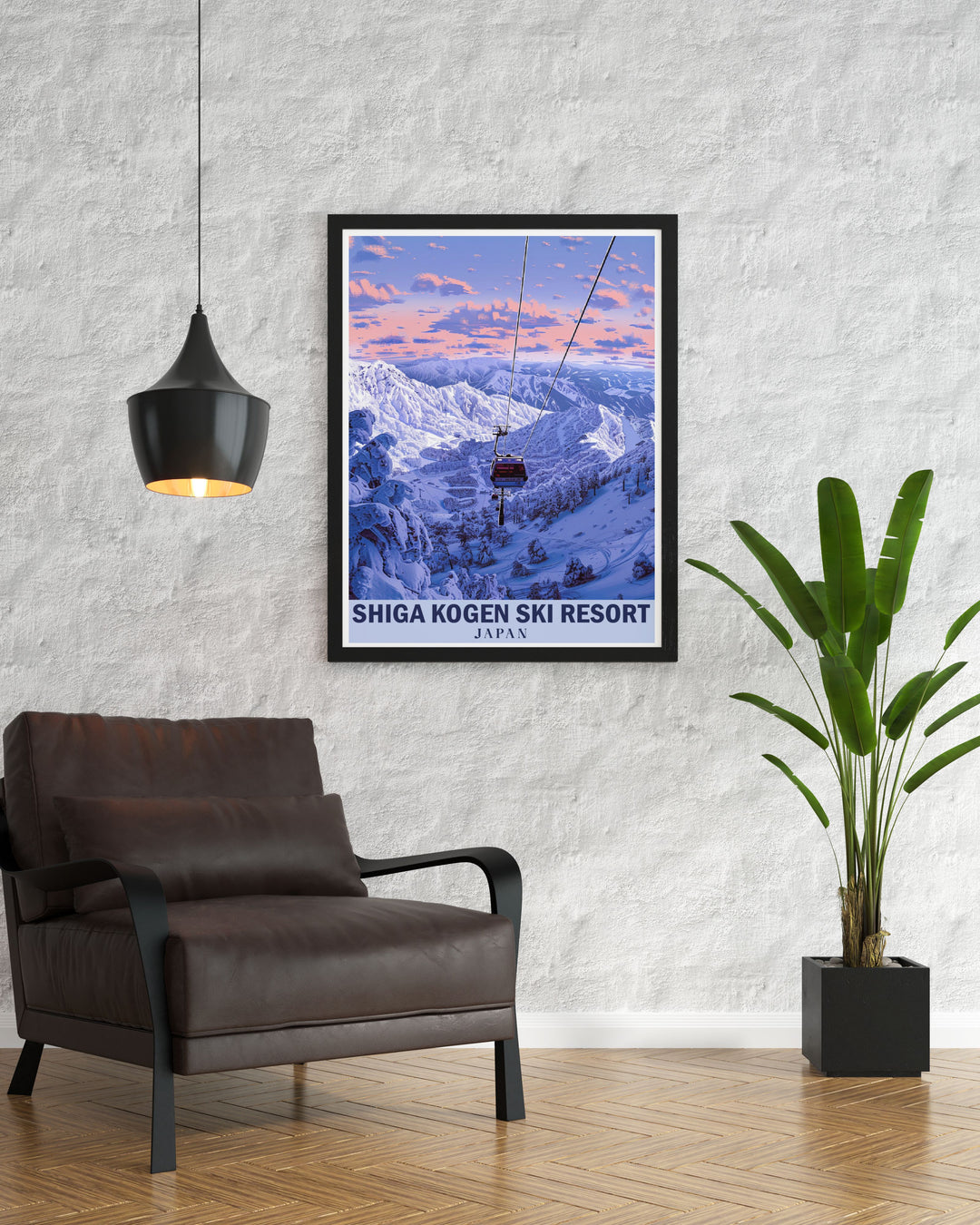 The Shiga Kogen Ski Resort is beautifully depicted in this vintage style poster, showcasing the towering Japanese Alps and crisp winter air. Perfect for those who love skiing, this travel print is a great reminder of Japans snowy landscapes and adventurous spirit.