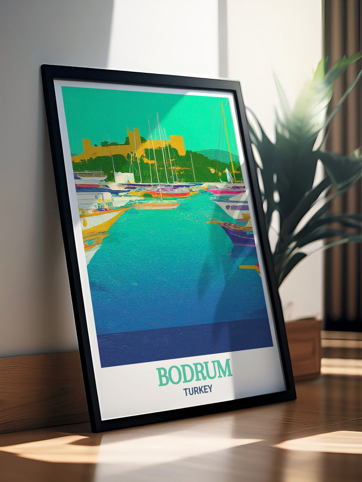 Turkey wall art featuring Bodrum Marina a picturesque location in Bodrum Turkey beautifully captured in this art print. Ideal for adding sophistication and cultural depth to any room this print is perfect for those who appreciate Turkish coastal scenery.