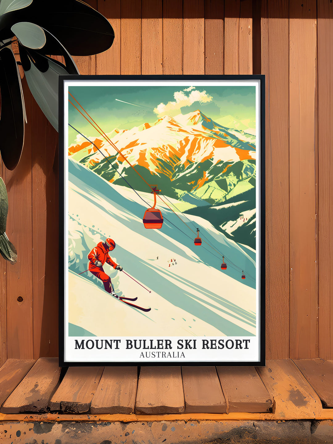 Mt Buller Terrain Park Print showcasing the adrenaline pumping action of Australias premier terrain park. The print features detailed depictions of jumps, rails, and half pipes set against the stunning backdrop of the Victorian Alps. Perfect for those who love freestyle skiing and snowboarding, this artwork brings the excitement of the slopes into your home.