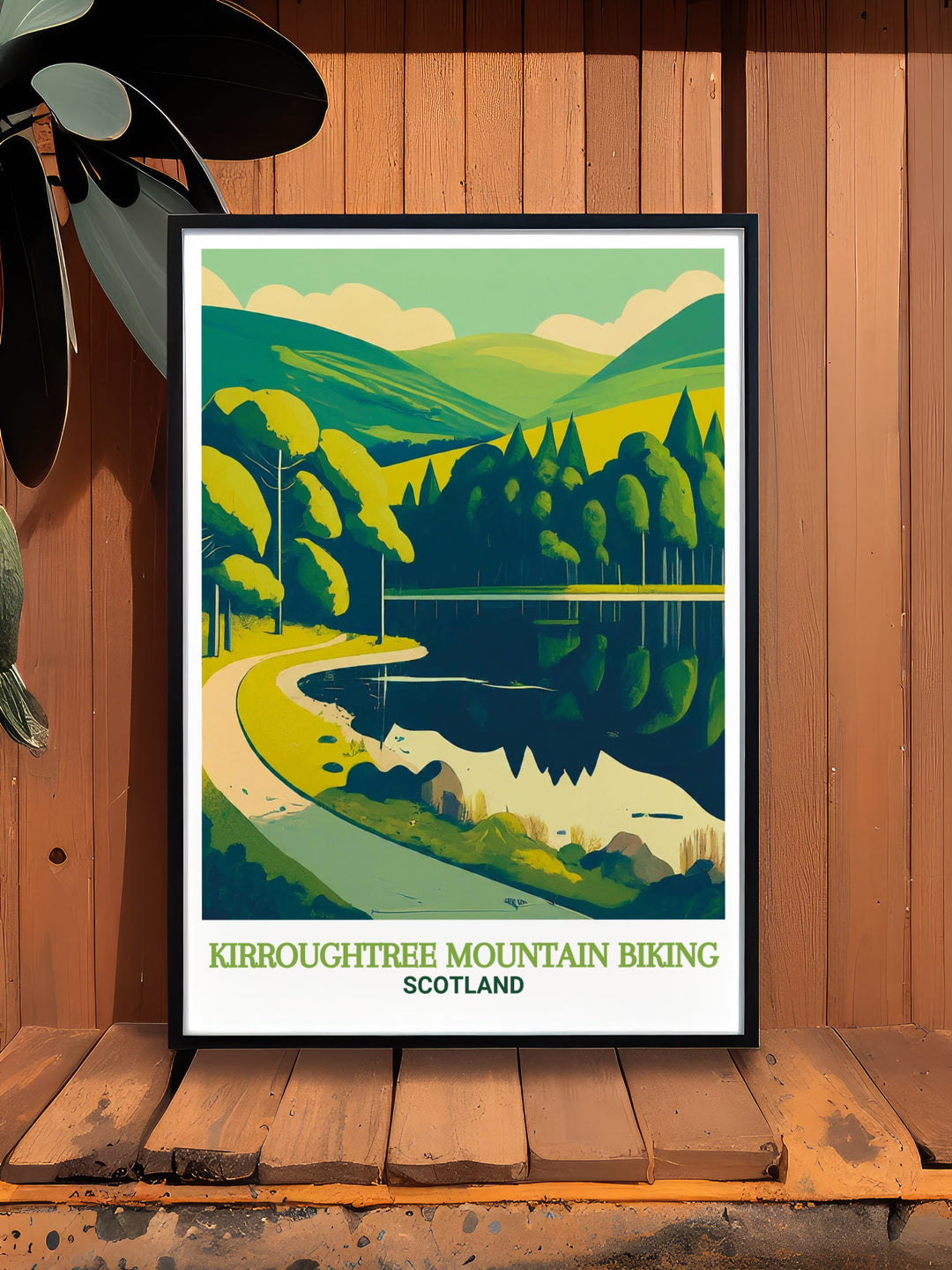 7stanes Trails at Kirroughtree cycling art capturing the excitement of mountain biking in Galloway Forest Park. Paired with the serenity of Bruntis Loch, this travel poster is a great addition to any outdoor lovers home.