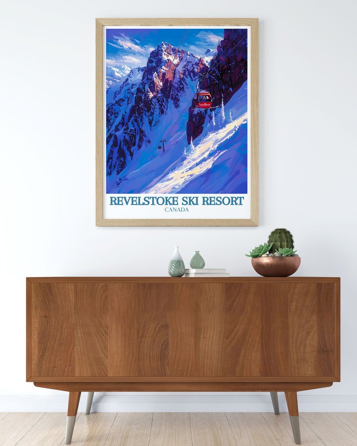Canada Travel Poster of Mount Mackenzie and the Revelation Gondola cable car. This Ski Resort Print is a must have for those who love the great outdoors and winter sports.