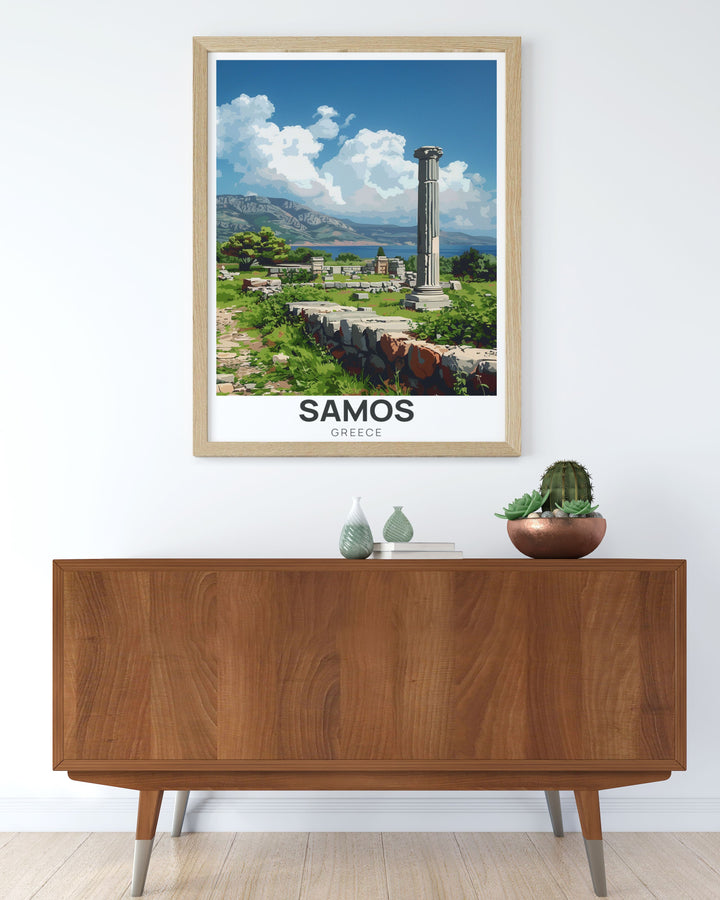 Showcasing the beauty of Samos, Greece, this wall art features the ancient ruins of the Heraion, a symbol of the islands rich history. Its perfect for anyone with a passion for Greek culture and Mediterranean landscapes.