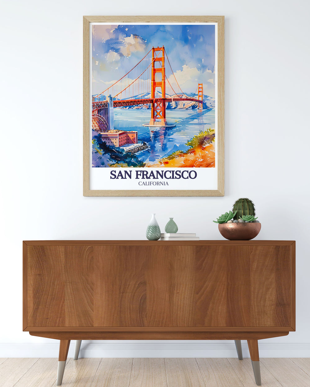 This Golden Gate Bridge Vintage Poster brings the spirit of San Francisco to life. The vibrant colors of the bridge and the serene blues of the Bay Area make it a timeless piece of art, ideal for any room in your home or office.