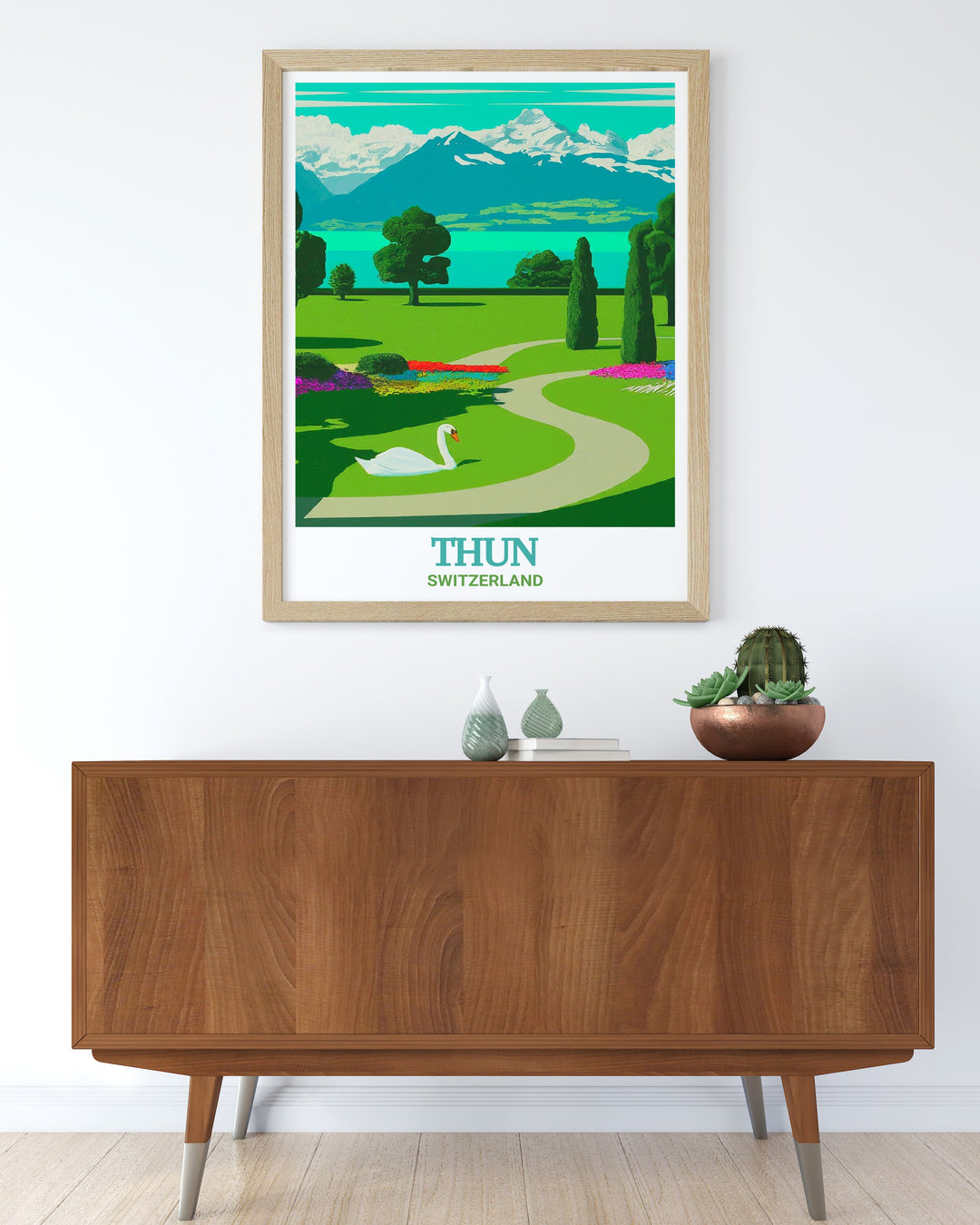 Schadau Park Travel Print, a stunning depiction of Switzerlands iconic park on Lake Thun, offering breathtaking views of nature and architecture. Ideal for home decor or a unique travel gift for Swiss lovers.