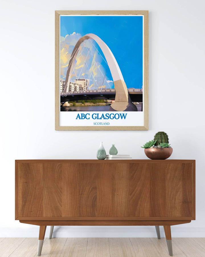 Glasgow Travel Print featuring The Clyde Arc and O2 Academy perfect for adding a touch of modern and historical architecture to your home.