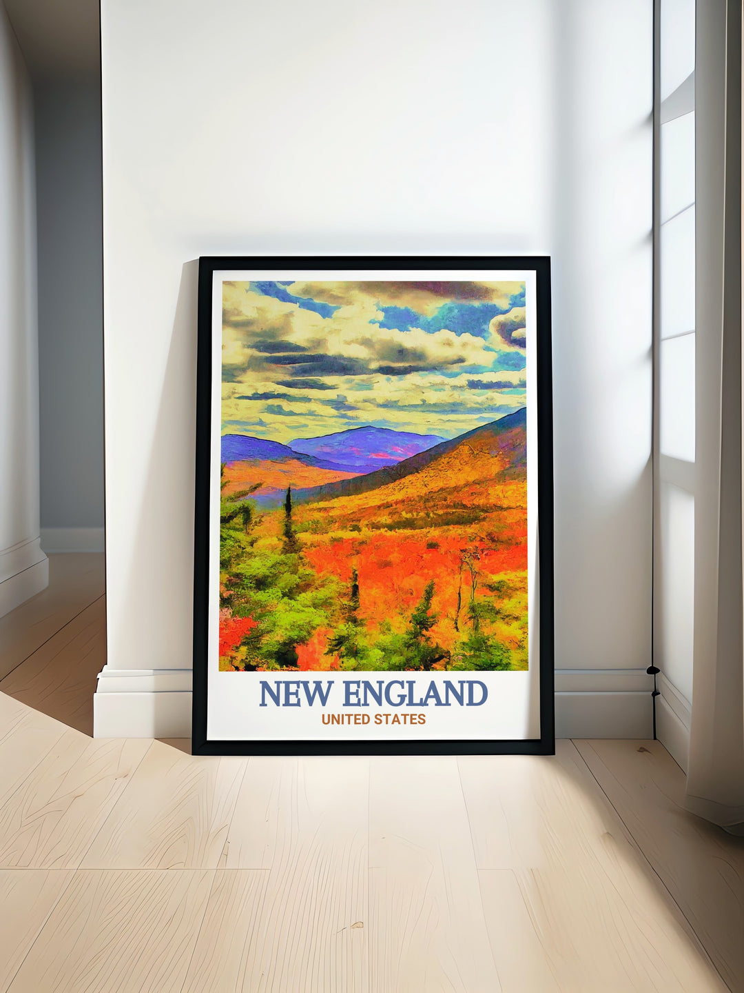 New England Trail poster print showcasing the beauty of the White Mountains and long distance hiking. Ideal for adventurers and nature lovers this vintage travel print adds a touch of outdoor charm to any room or office space.