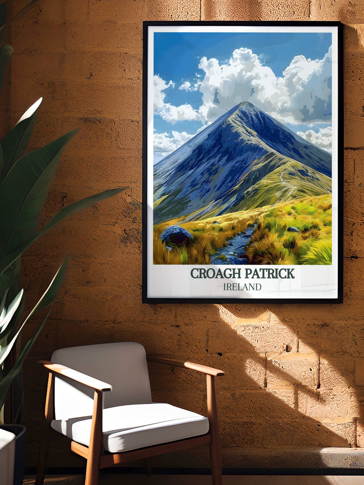 Celebrate the legacy of Saint Patrick with this beautiful Ireland travel print featuring the stunning landscapes of Croagh Patrick Summit. Perfect for home decor and as a meaningful gift for lovers of Irish culture.