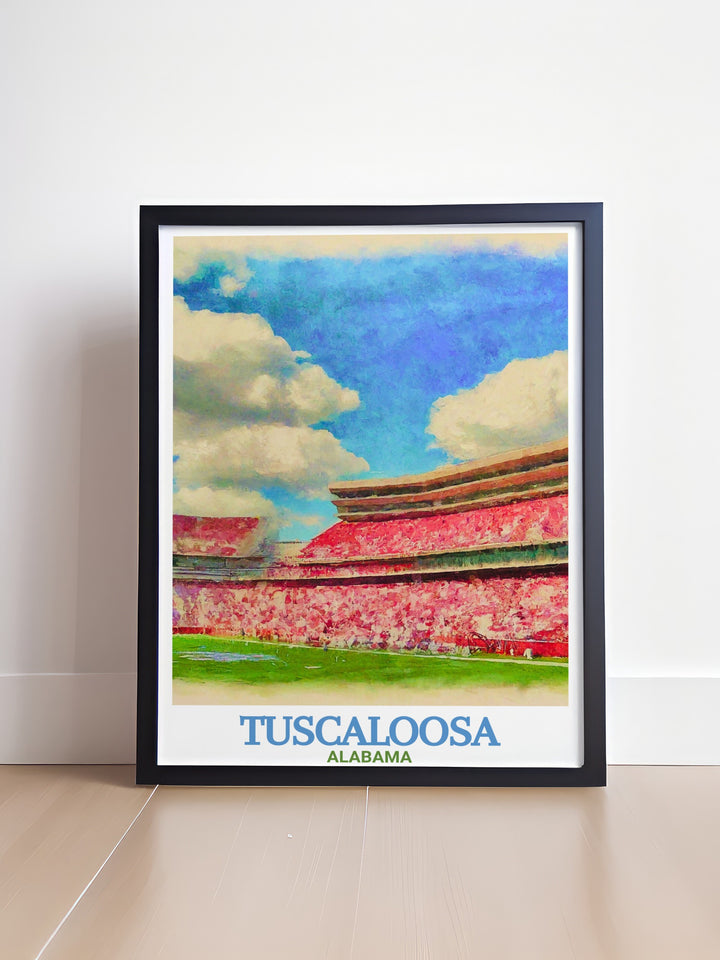 Elegant Tuscaloosa painting with Bryant Denny Stadium and city map a perfect piece of Tuscaloosa decor and wall art that brings the iconic landmarks of Alabama into your home ideal for gifts and enhancing any living space.