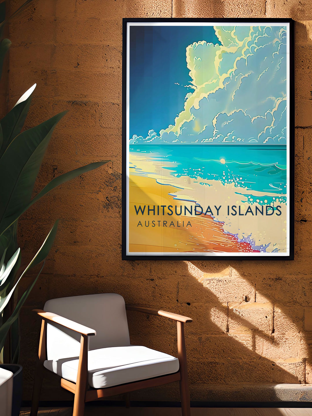 Artistic Whitehaven Beach illustration showcasing the vibrant hues and unique patterns of Australias famous beach perfect for stylish living room decor