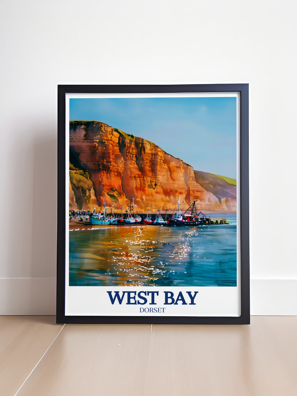 West Bay travel print captures the stunning natural beauty of the Jurassic Coast. With its golden cliffs and peaceful waters, this artwork is perfect for nature lovers and travelers, offering a striking depiction of one of Englands most iconic coastal destinations.