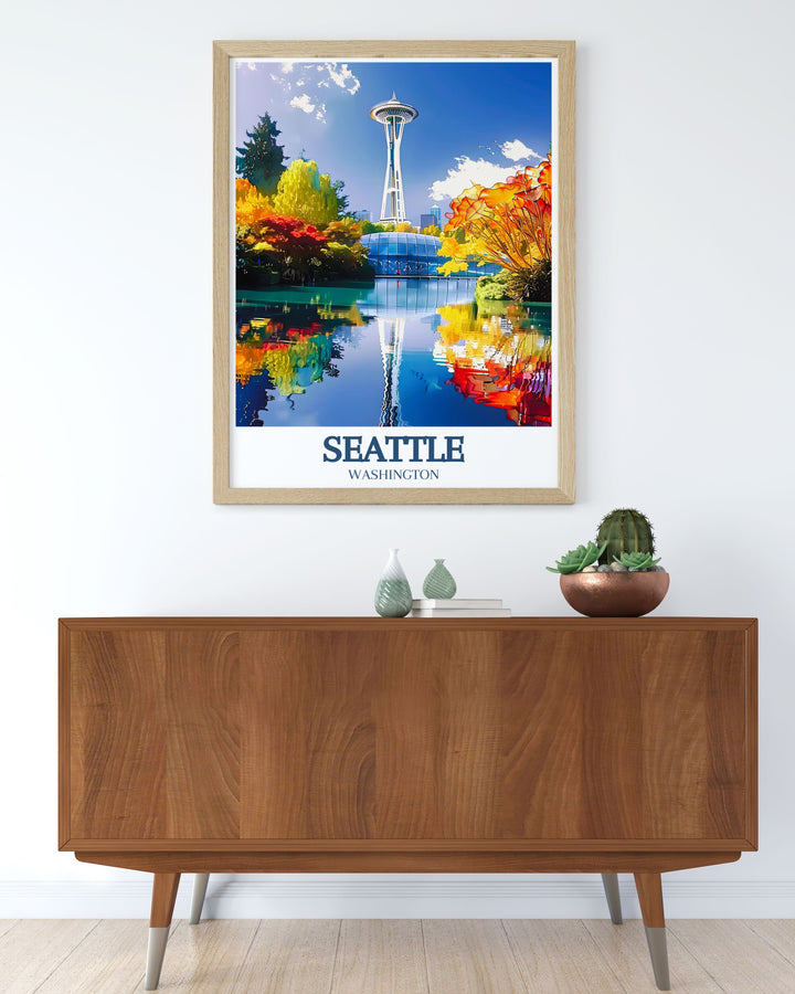 Celebrate Seattles architectural and artistic landmarks with this Seattle Travel Print. The Space Needle and Chihuly Garden offer a dynamic mix of modern design and creativity, beautifully captured in this unique artwork.